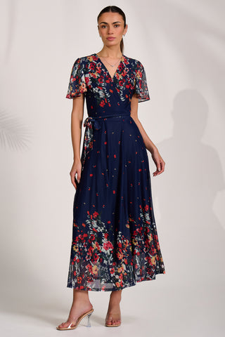 Floral Mirror Mesh Wrap Maxi Dress, Floral Multi