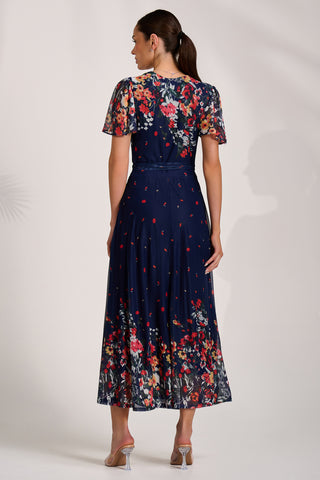 Floral Mirror Mesh Wrap Maxi Dress, Floral Multi