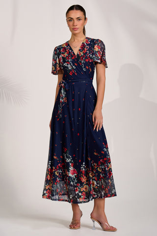 Floral Mirror Mesh Wrap Maxi Dress, Floral Multi