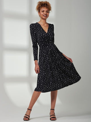 Rafella Long Sleeve Midi Dress, Black Spot