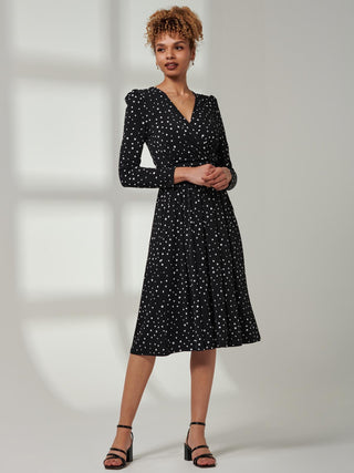 Rafella Long Sleeve Midi Dress, Black Spot