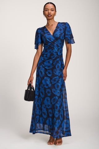 Angel Sleeve Mesh Maxi Dress, Blue Abstract
