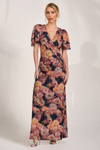 Angel Sleeve Mesh Maxi Dress, Orange Floral