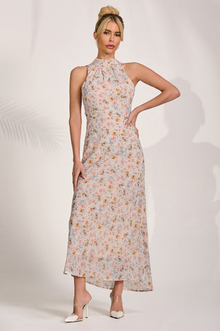 Chiffon Halterneck Midaxi Dress, Beige Floral