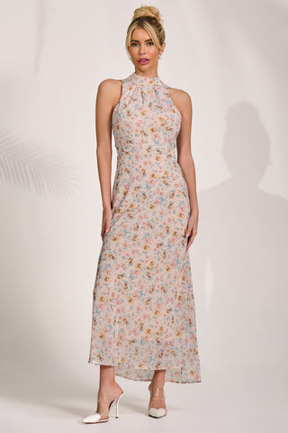 Chiffon Halterneck Midaxi Dress, Beige Floral