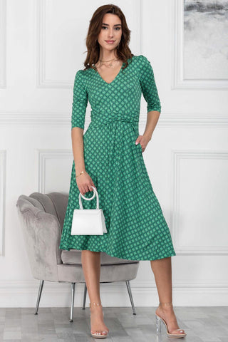 Delylah V Neck Midi Dress, Green Geo