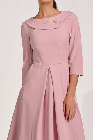 ¾ Sleeve Fold Neck Midi Dress, Dusty Pink