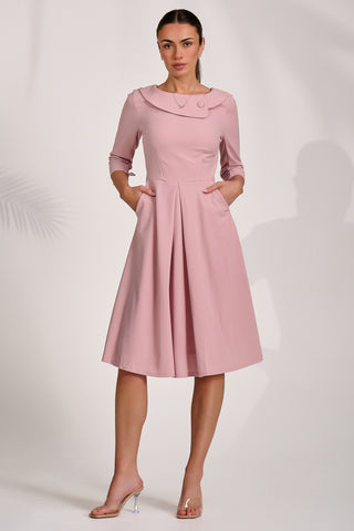 ¾ Sleeve Fold Neck Midi Dress, Dusty Pink