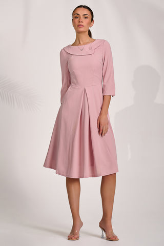 ¾ Sleeve Fold Neck Midi Dress, Dusty Pink