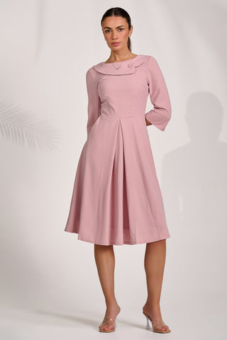 ¾ Sleeve Fold Neck Midi Dress, Dusty Pink