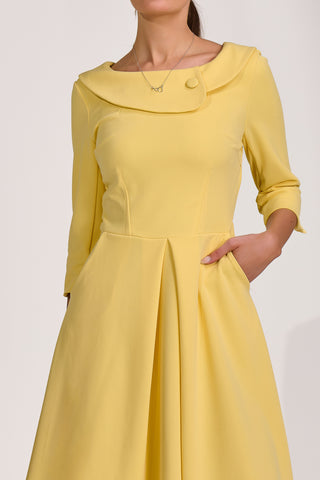 ¾ Sleeve Fold Neck Midi Dress, Light Yellow