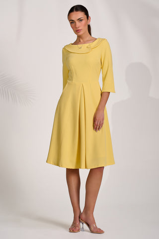 ¾ Sleeve Fold Neck Midi Dress, Light Yellow