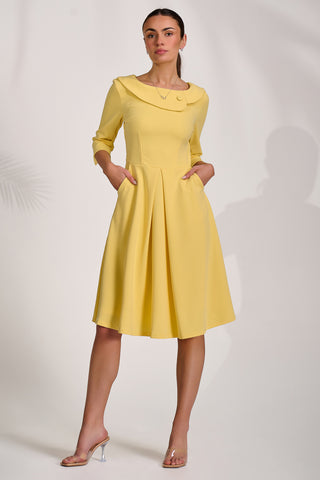 ¾ Sleeve Fold Neck Midi Dress, Light Yellow
