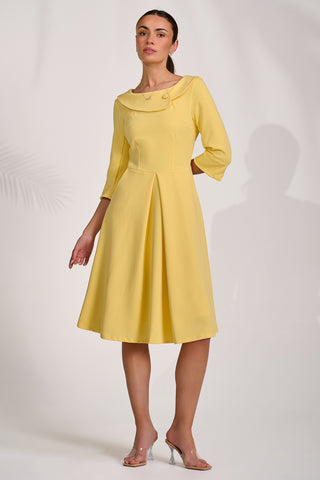 ¾ Sleeve Fold Neck Midi Dress, Light Yellow