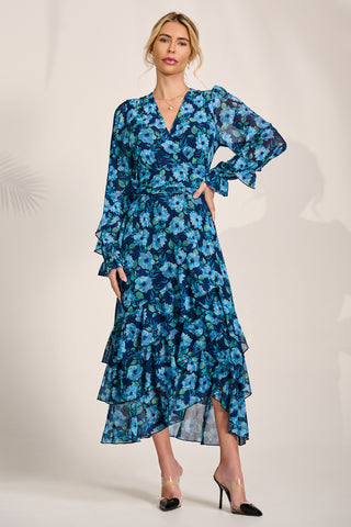 Frill Detail Mesh Maxi Dress, Blue Floral