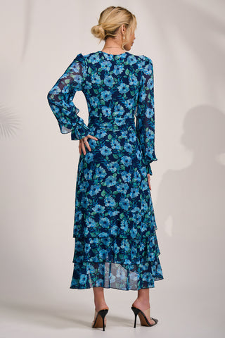 Frill Detail Mesh Maxi Dress, Blue Floral