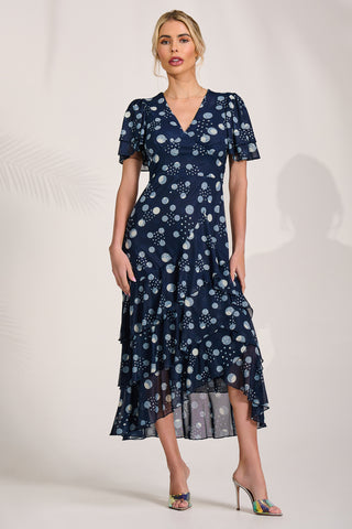 Angel Sleeve Mesh Midaxi Dress, Navy Spot