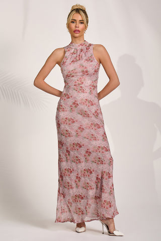Halter Neck Maxi Dress, Red Floral