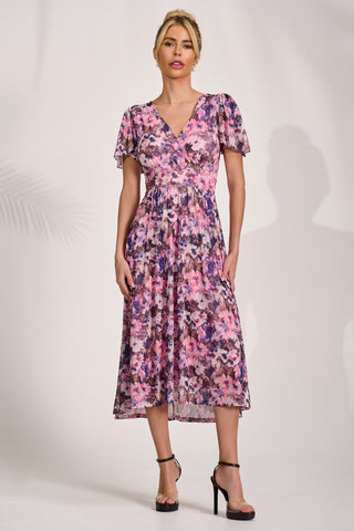 Petite Short Sleeve Midaxi Dress, Pink Abstract