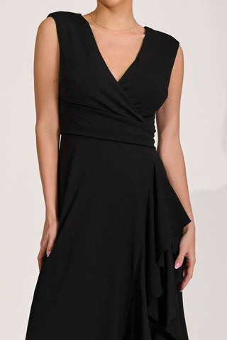 Frill Detail Wrap Sleeveless Midaxi Dres, Black