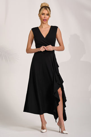 Frill Detail Wrap Sleeveless Midaxi Dres, Black