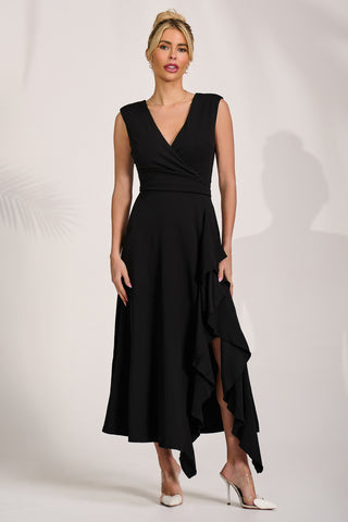 Frill Detail Wrap Sleeveless Midaxi Dres, Black