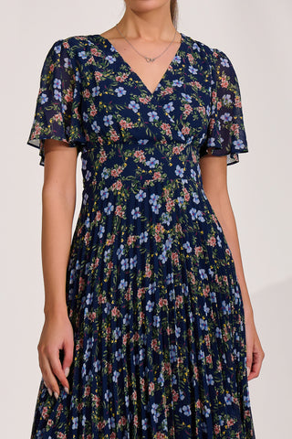 Floral Pleated Midaxi Dress, Navy Blue Multi