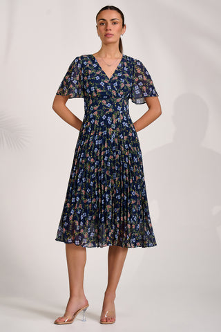 Floral Pleated Midaxi Dress, Navy Blue Multi