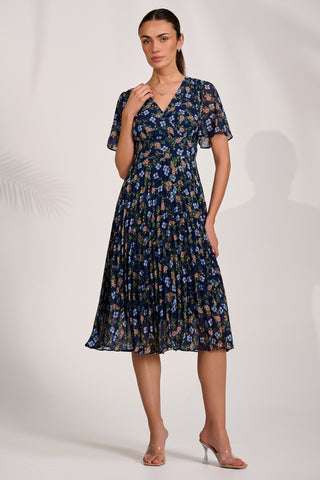 Floral Pleated Midaxi Dress, Navy Blue Multi