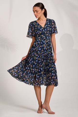 Floral Pleated Midaxi Dress, Navy Blue Multi