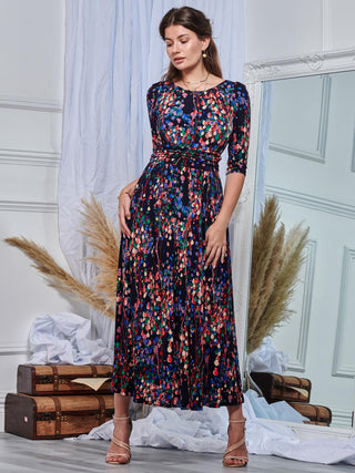 3/4 Sleeve Print Jersey Maxi Dress, Navy Multi