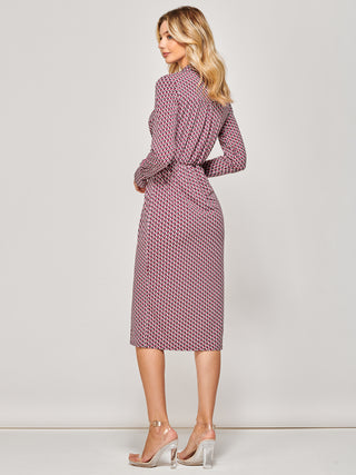 Long Sleeve Wrap Midi Shirt Dress, Pink Geometric