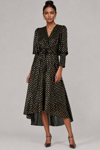 Metallic Spot Print Puffy Sleeve Maxi Dress, Black