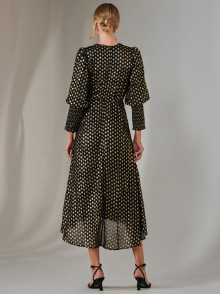 Metallic Spot Print Puffy Sleeve Maxi Dress, Black