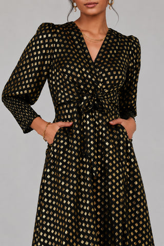 Metallic Spot Print Puffy Sleeve Maxi Dress, Black