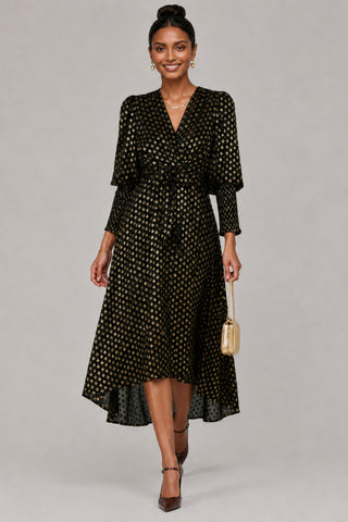 Metallic Spot Print Puffy Sleeve Maxi Dress, Black