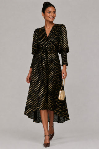 Metallic Spot Print Puffy Sleeve Maxi Dress, Black