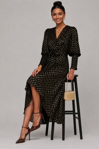 Metallic Spot Print Puffy Sleeve Maxi Dress, Black