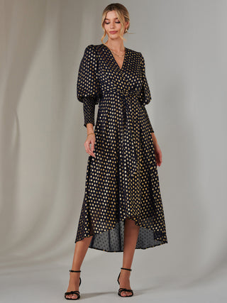 Metallic Spot Print Puffy Sleeve Maxi Dress, Navy