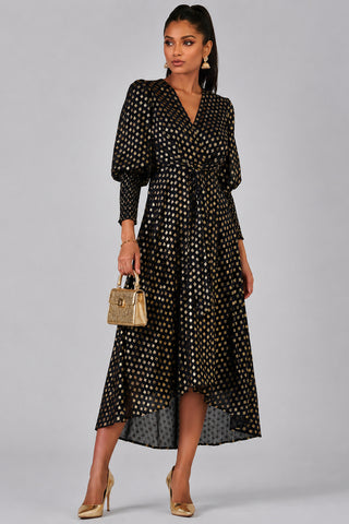 Metallic Spot Print Puffy Sleeve Maxi Dress, Navy