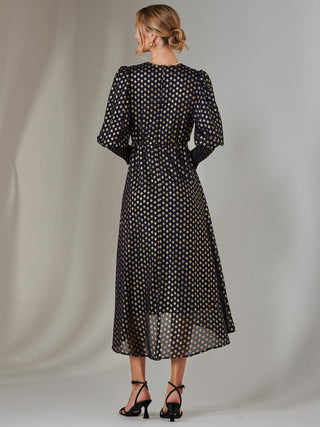 Metallic Spot Print Puffy Sleeve Maxi Dress, Navy