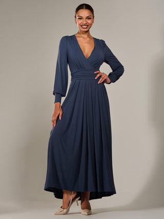 Long Sleeve Super Soft Jersey Maxi Dress, Steel Blue