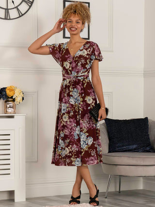 Scarlett Cap Sleeve Mesh Midi Dress, Dark Red