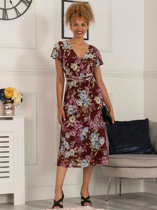 Scarlett Cap Sleeve Mesh Midi Dress, Dark Red