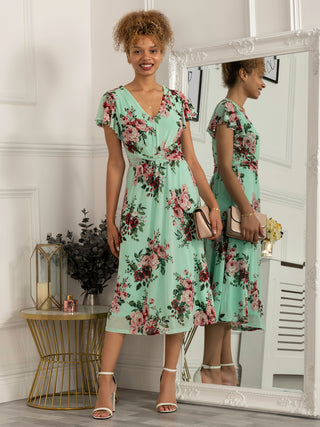 Scarlett Cap Sleeve Mesh Midi Dress, Green Floral