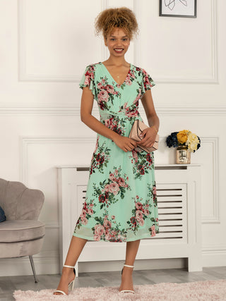 Scarlett Cap Sleeve Mesh Midi Dress, Green Floral