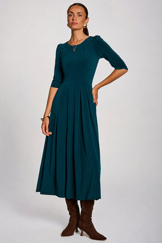 3/4 Sleeve Pleated Jersey Maxi Dress , Dark Green