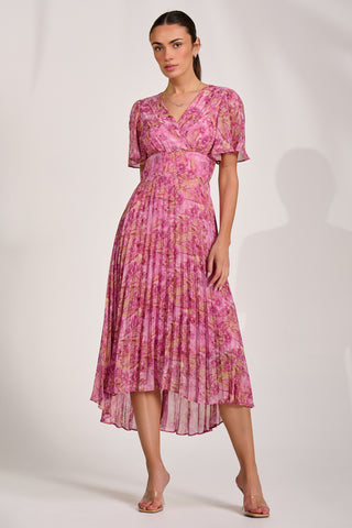 Printed Chiffon Glitter Maxi Dress, Pink Abstract