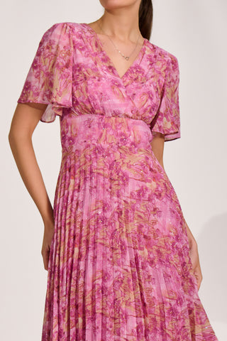 Printed Chiffon Glitter Maxi Dress, Pink Abstract