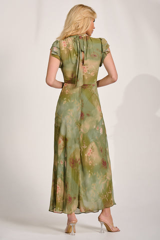 High Neck Ruffle Sleeve Chiffon Maxi Dress, Green Floral